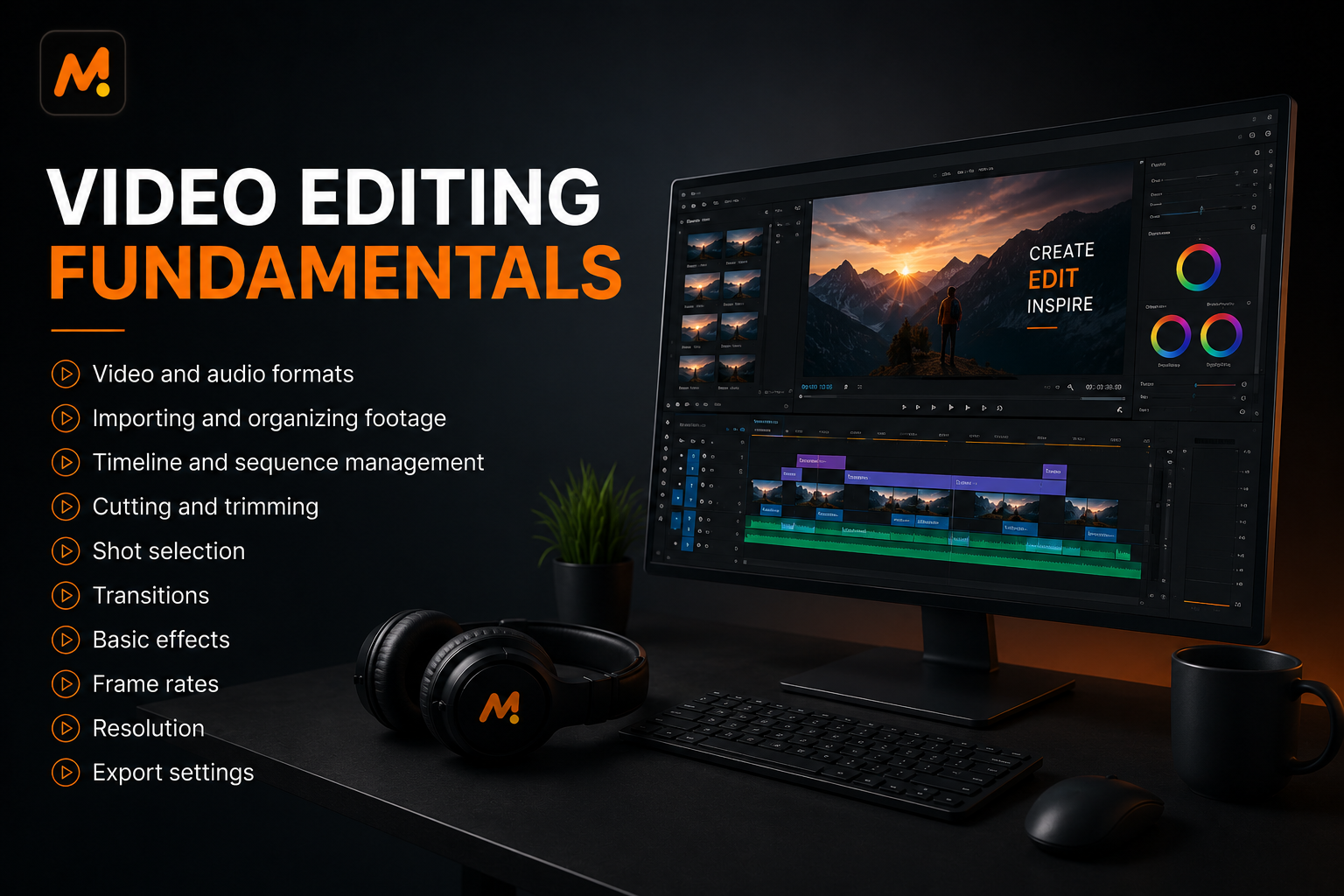 Video Editing Fundamentals course covering editing formats, footage organization, timeline management, cutting, transitions, effects, frame rates, resolution, and export settings