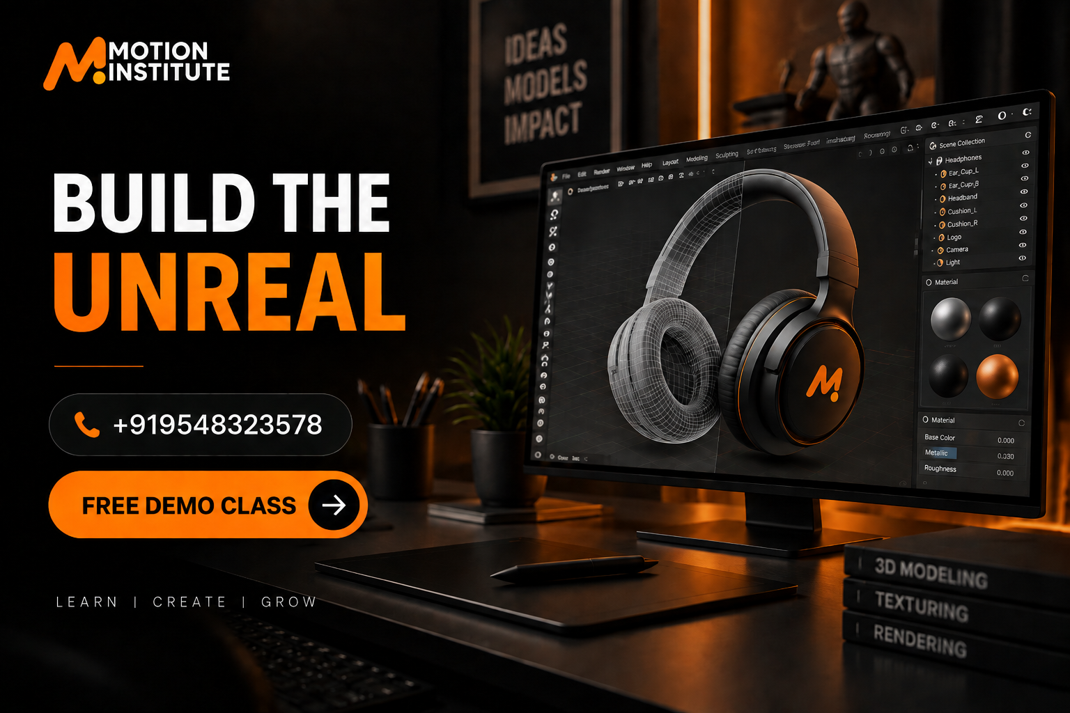 Learn 3D modeling and rendering with Motion Institute, featuring Blender 3D design, realistic product visualization, texturing, and professional 3D artist training.