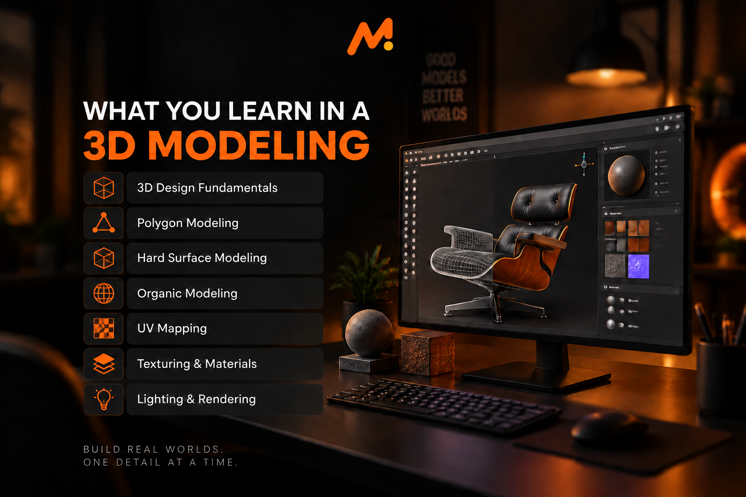 What you learn in a 3D Modeling course infographic featuring a 3D chair modeling workflow and key topics like design fundamentals, polygon modeling, UV mapping, texturing, materials, lighting, and rendering.