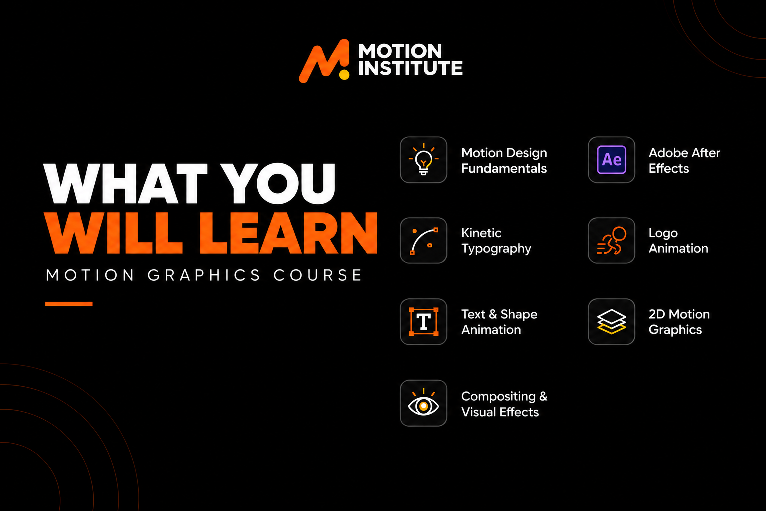 Motion Graphics Course by Motion Institute featuring animation, Adobe After Effects, kinetic typography, logo animation, and visual effects lessons.