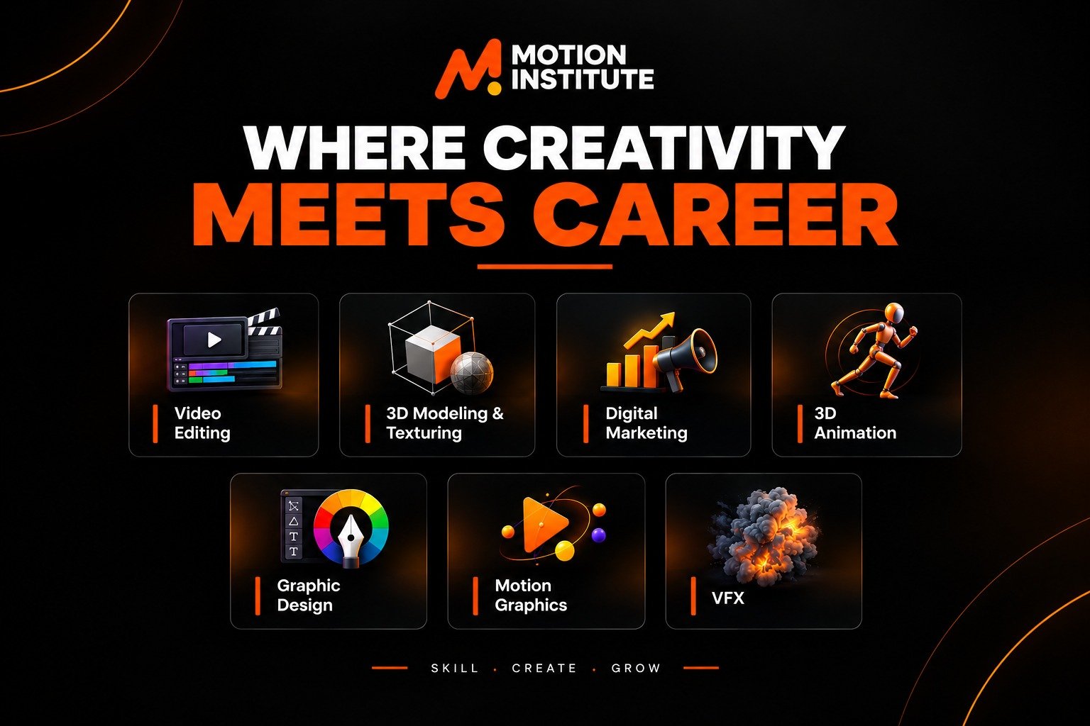Career options after 12th at Motion Institute in Kotdwara, Uttarakhand, offering 3D Animation, VFX, Video Editing, Graphic Design, Motion Graphics, 3D Modeling and Digital Marketing courses.