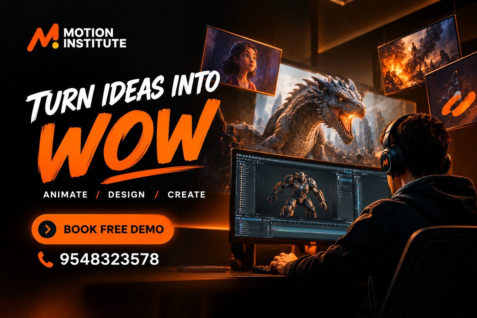 Motion Institute promotional poster with student working on 3D animation software, dragon and character artwork on screens, and a Book Free Demo button