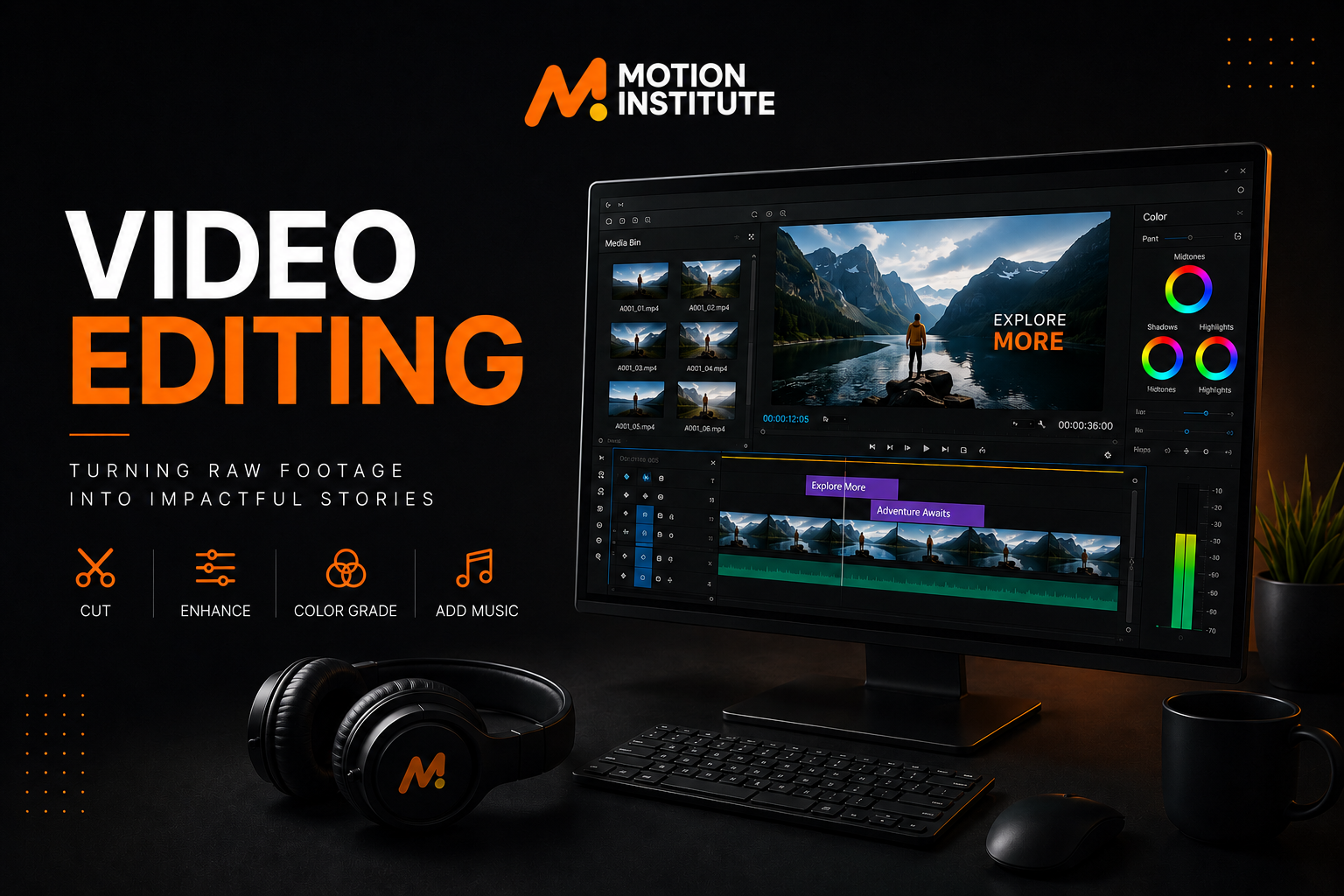 Video editing course in Kotdwar featuring professional editing software, monitor, headphones, and Motion Institute branding