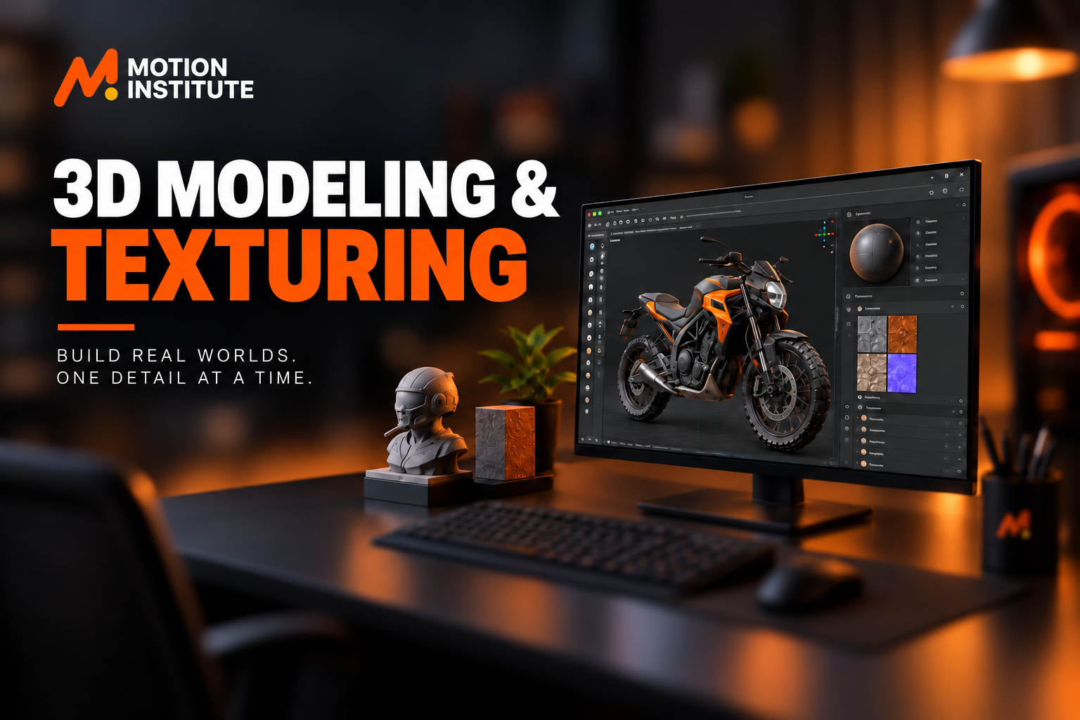 3D modeling and texturing course at Motion Institute with professional 3D workstation and digital modeling software